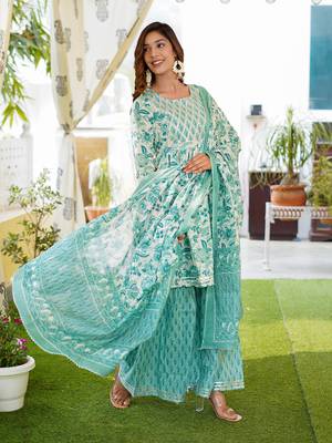 Women White Cotton Kurta with Trousers And Dupatta Set 2