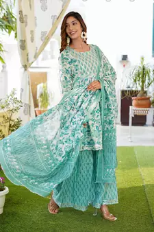 Women White Cotton Kurta with Trousers And Dupatta Set