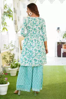 Women White Cotton Kurta with Trousers And Dupatta Set