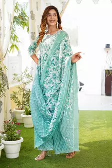 Women White Cotton Kurta with Trousers And Dupatta Set