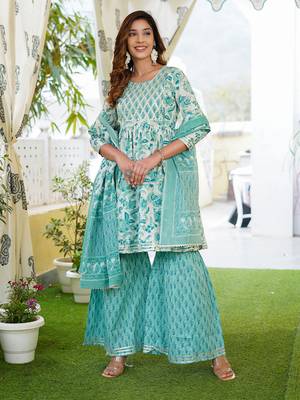 Women White Cotton Kurta with Trousers And Dupatta Set 5