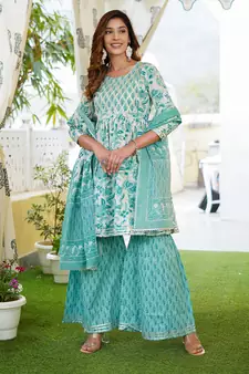 Women White Cotton Kurta with Trousers And Dupatta Set