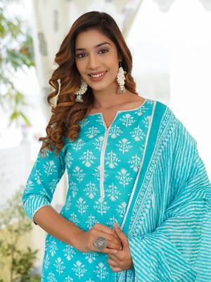 Women Turquoise Cotton Kurta with Trousers And Dupatta Set 1