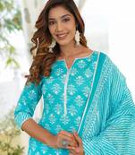 Women Turquoise Cotton Kurta with Trousers And Dupatta Set