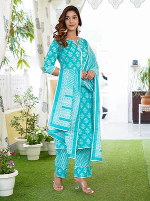 Women Turquoise Cotton Kurta with Trousers And Dupatta Set 2