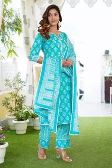 Women Turquoise Cotton Kurta with Trousers And Dupatta Set