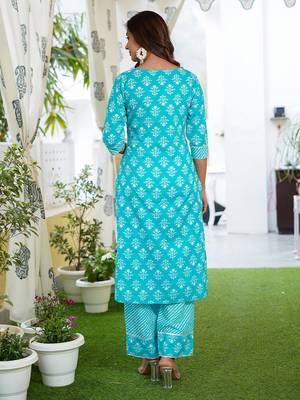 Women Turquoise Cotton Kurta with Trousers And Dupatta Set 3