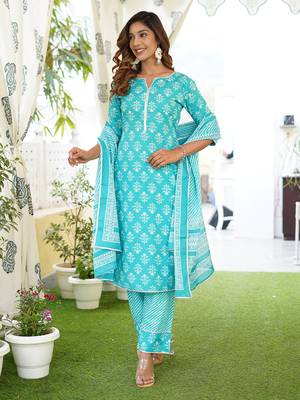 Women Turquoise Cotton Kurta with Trousers And Dupatta Set 4