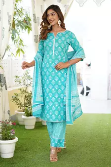 Women Turquoise Cotton Kurta with Trousers And Dupatta Set