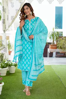 Women Turquoise Cotton Kurta with Trousers And Dupatta Set