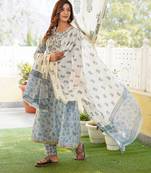 Women Light Blue Cotton Kurta with Trousers And Dupatta Set