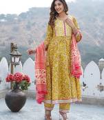 Women Mustard Cotton Kurta with Trousers And Dupatta Set