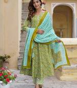 Women Green Cotton Kurta with Trousers And Dupatta Set