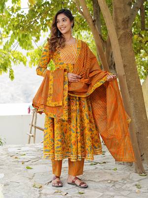 Women Mustard Cotton Kurta with Trousers And Dupatta Set 1