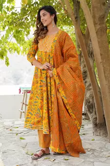 Women Mustard Cotton Kurta with Trousers And Dupatta Set
