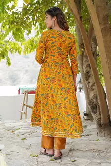 Women Mustard Cotton Kurta with Trousers And Dupatta Set