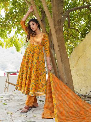 Women Mustard Cotton Kurta with Trousers And Dupatta Set 5