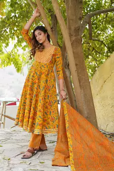 Women Mustard Cotton Kurta with Trousers And Dupatta Set