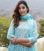 Women Blue Cotton Kurta with Trousers And Dupatta Set