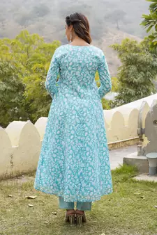 Women Blue Cotton Kurta with Trousers And Dupatta Set