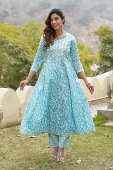 Women Blue Cotton Kurta with Trousers And Dupatta Set