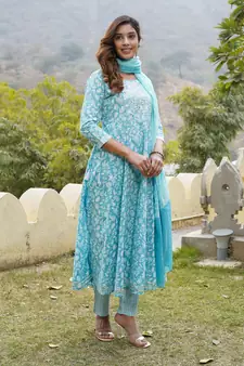 Women Blue Cotton Kurta with Trousers And Dupatta Set