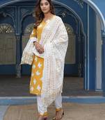 Women Yellow Cotton Kurta with Trousers And Dupatta Set