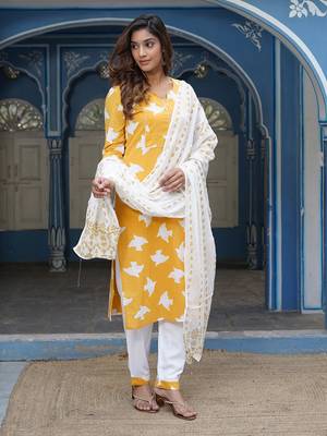 Women Yellow Cotton Kurta with Trousers And Dupatta Set 2