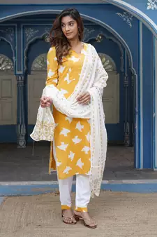 Women Yellow Cotton Kurta with Trousers And Dupatta Set