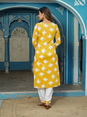 Women Yellow Cotton Kurta with Trousers And Dupatta Set 3