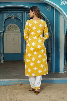 Women Yellow Cotton Kurta with Trousers And Dupatta Set