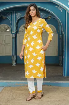 Women Yellow Cotton Kurta with Trousers And Dupatta Set