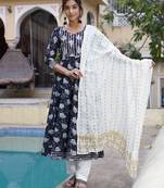 Women Black Cotton Kurta with Trousers And Dupatta Set