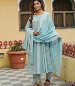 Women Sky Blue Pure Cotton Kurta with Trousers And Dupatta Set