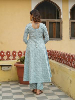 Women Sky Blue Pure Cotton Kurta with Trousers And Dupatta Set 3