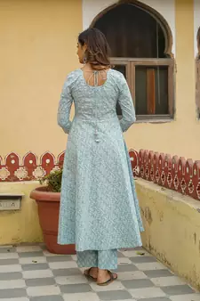 Women Sky Blue Pure Cotton Kurta with Trousers And Dupatta Set