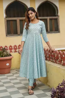 Women Sky Blue Pure Cotton Kurta with Trousers And Dupatta Set