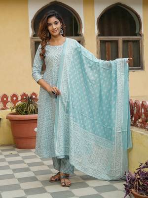 Women Sky Blue Pure Cotton Kurta with Trousers And Dupatta Set 5