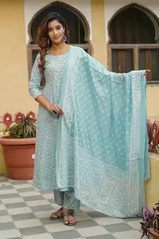 Women Sky Blue Pure Cotton Kurta with Trousers And Dupatta Set