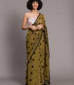 Suta Women Olive Green & Black Polka Dots Printed Pure Cotton Saree