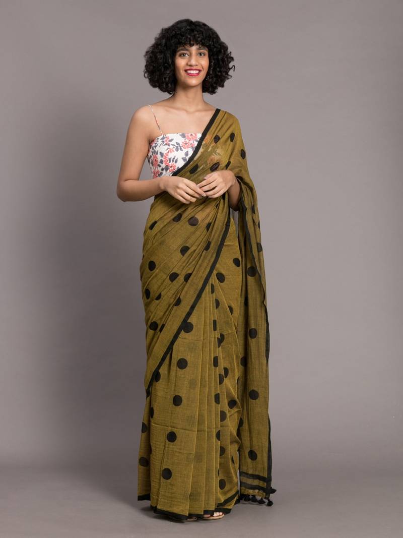 Suta Women Olive Green & Black Polka Dots Printed Pure Cotton Saree