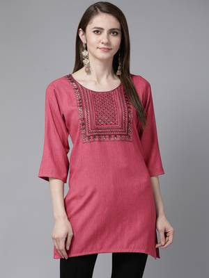 Rani-pink embroidered cotton short-kurtis 1