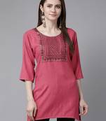 Rani-pink embroidered cotton short-kurtis