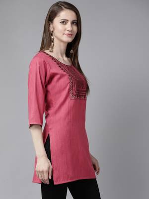 Rani-pink embroidered cotton short-kurtis 3