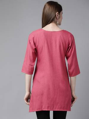 Rani-pink embroidered cotton short-kurtis 4