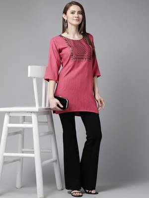 Rani-pink embroidered cotton short-kurtis 5