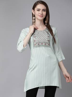 Sea-green embroidered cotton short-kurtis 1