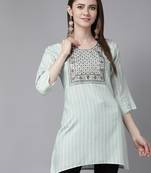 Sea-green embroidered cotton short-kurtis