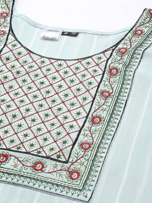 Sea-green embroidered cotton short-kurtis 2