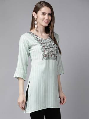 Sea-green embroidered cotton short-kurtis 3